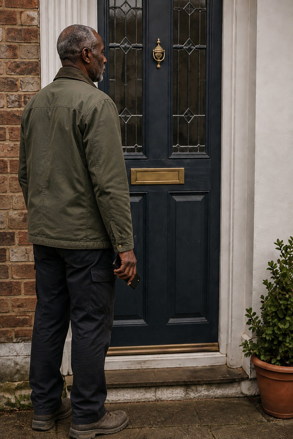 Gardener waiting outside a client door after arriving for a home visit