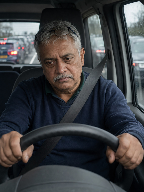 Tired gardener sitting in traffic between appointments