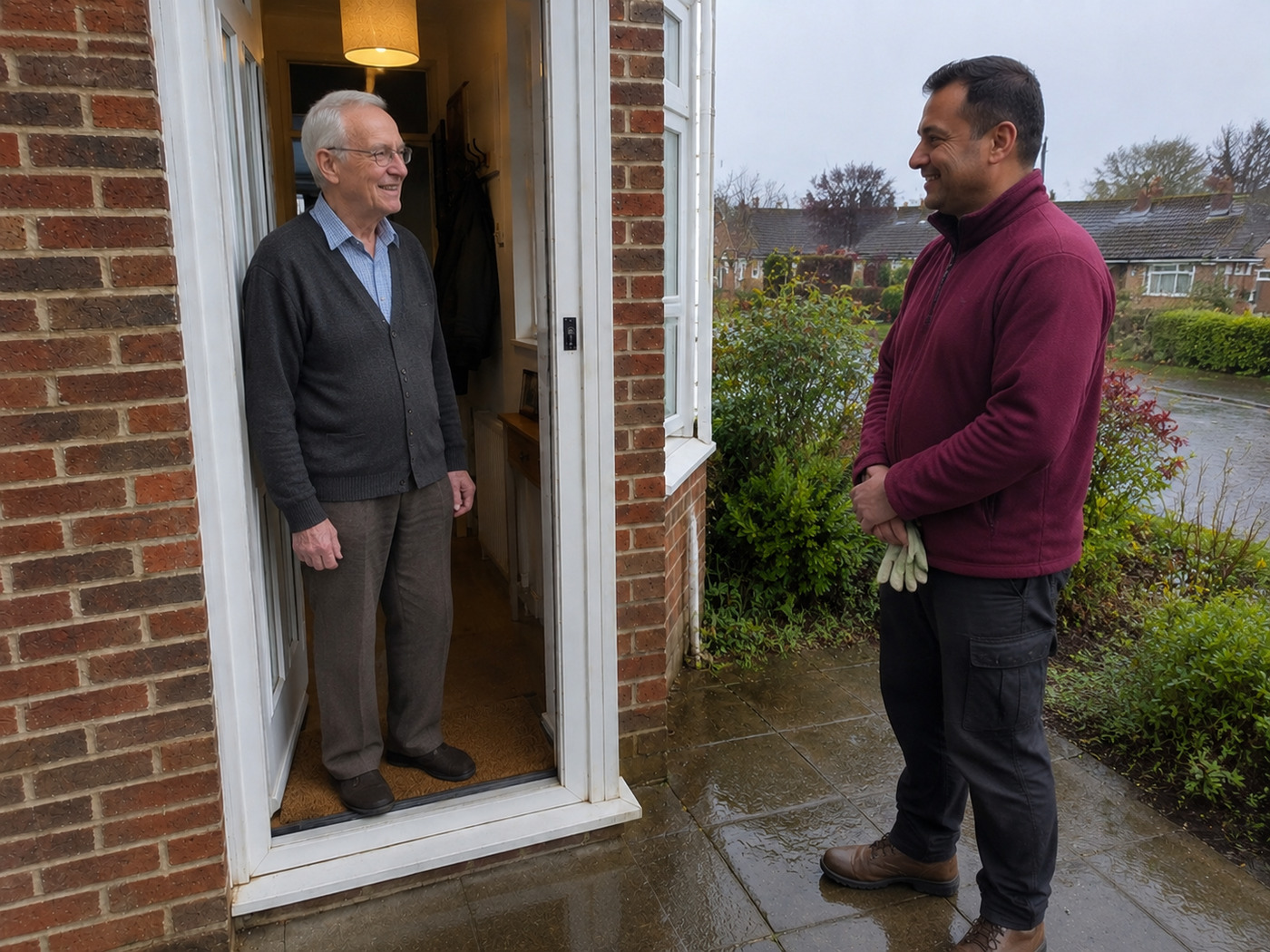 Gardener arriving at a customer's door for a booked visit