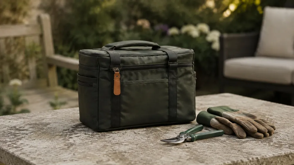 Gardener work bag, gloves and secateurs ready for a client visit