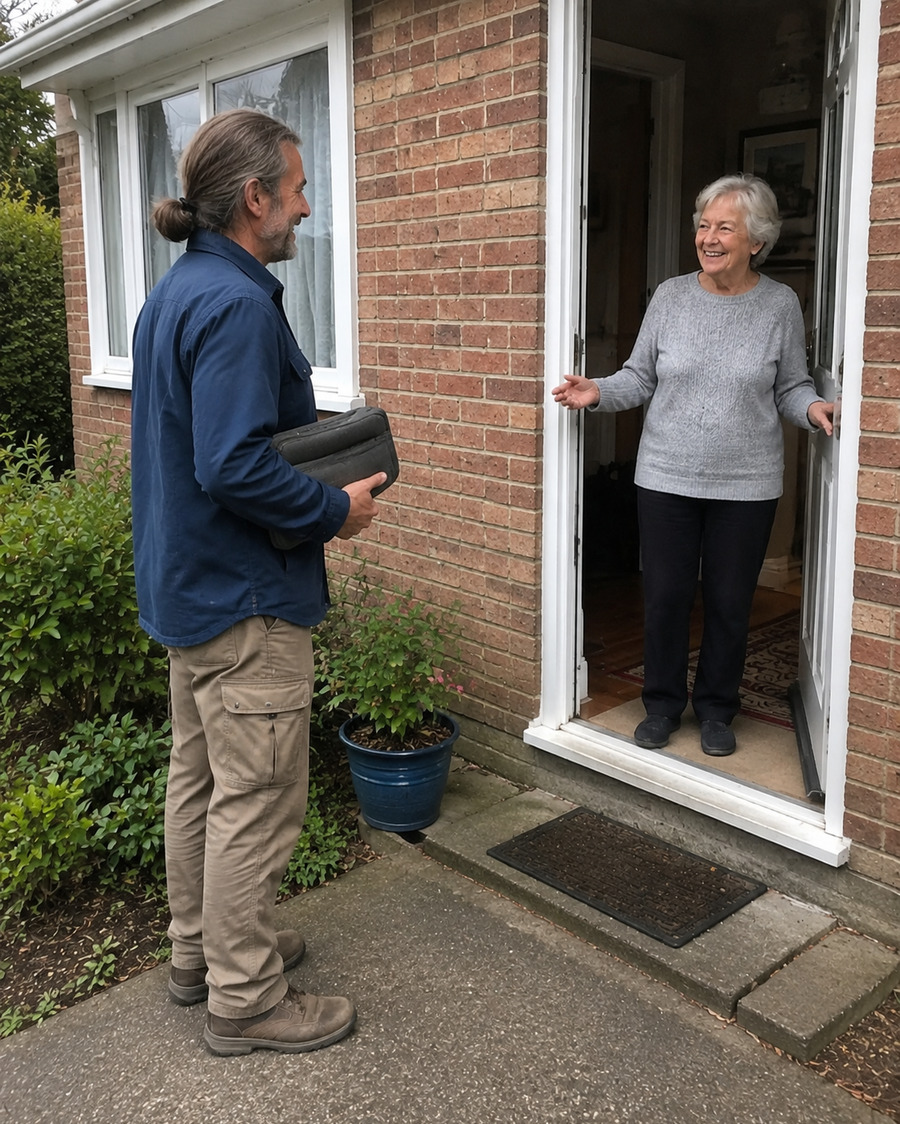 Mobile gardening appointment professional arriving for a booked home visit