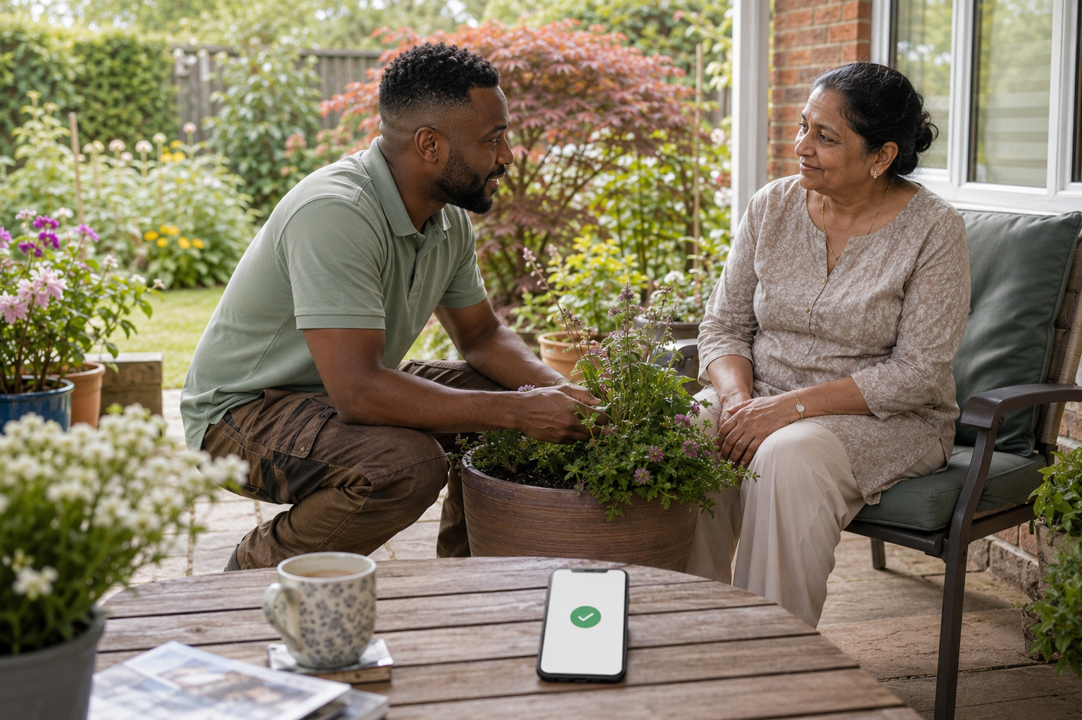 Gardener speaking with an older client during a home visit