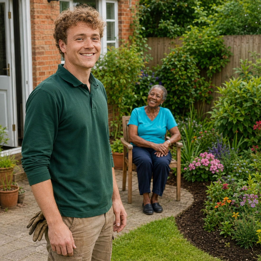 Gardener arriving for a home gardening appointment with an older client sitting in the living room