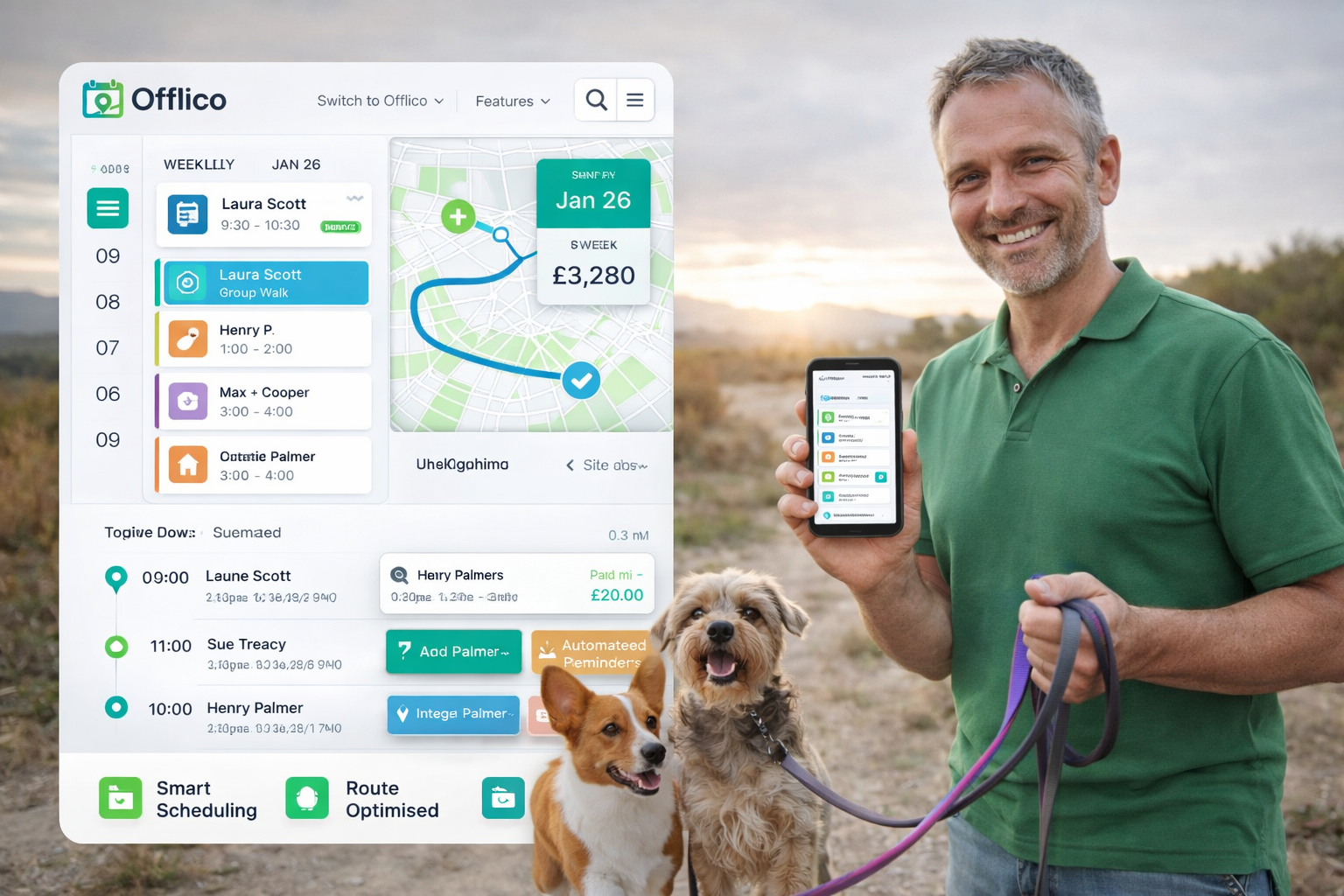 Dog walker checking booking details on a mobile app
