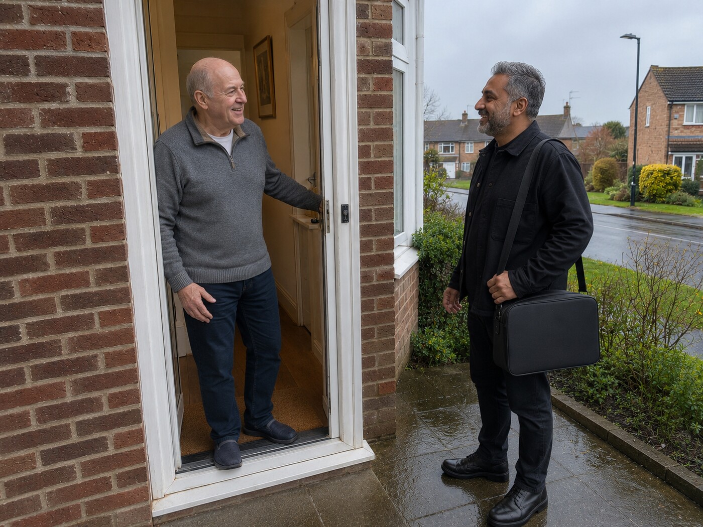 Mobile hairdresser arriving at a customer's door for a booked visit