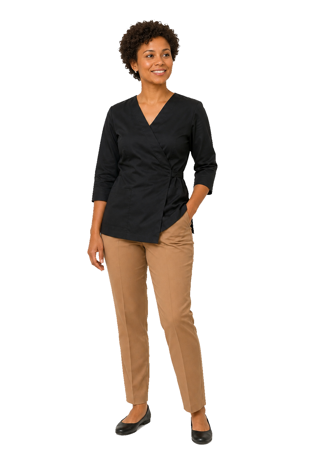 Smiling mobile hairdresser in black scrubs