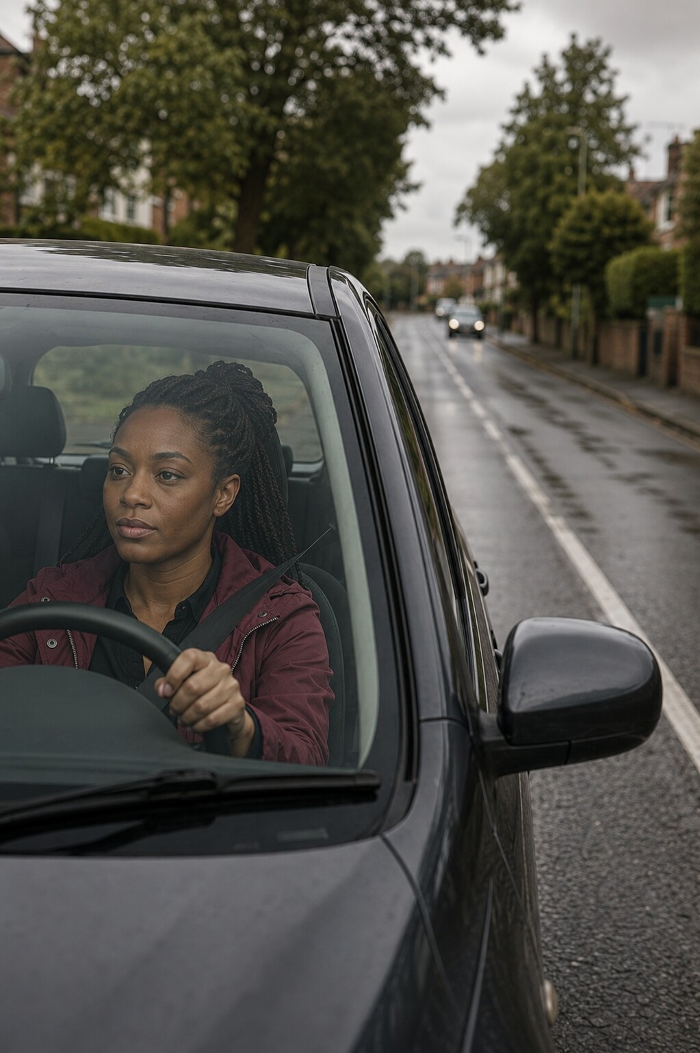 Mobile hairdresser sitting in a car after driving to a missed home visit