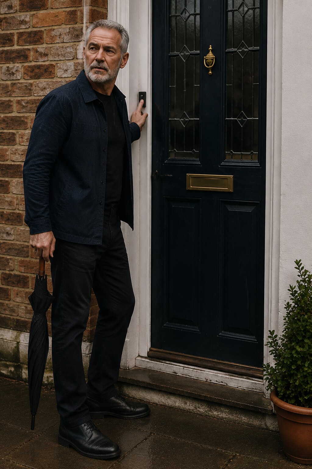 Mobile hairdresser waiting outside a client door after arriving for a home visit